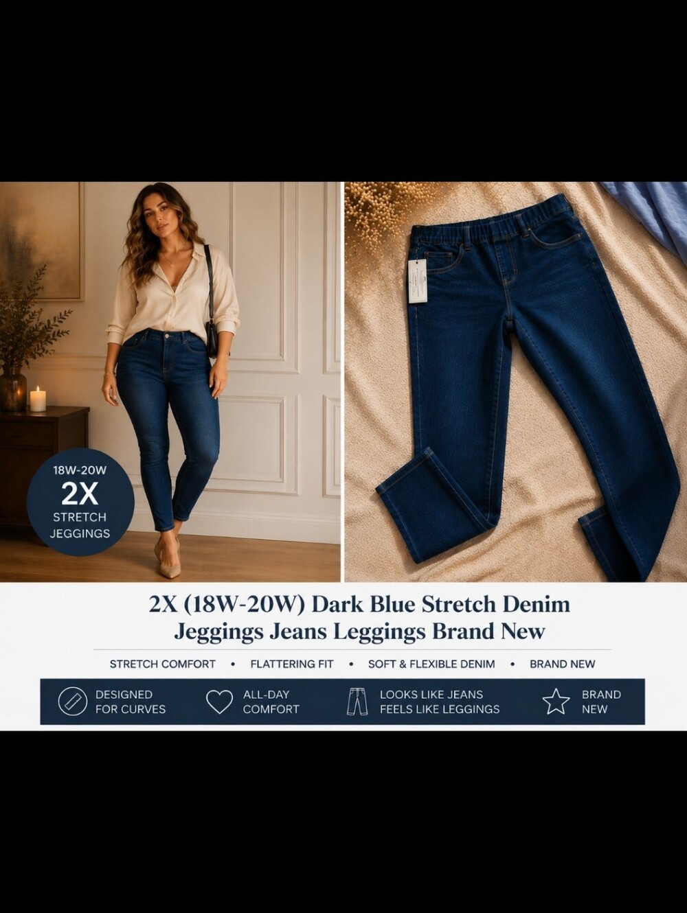 NEW 2X (18W/20W) Dark Wash Stretch Denim Jeggings Pull-On Skinny Jeans